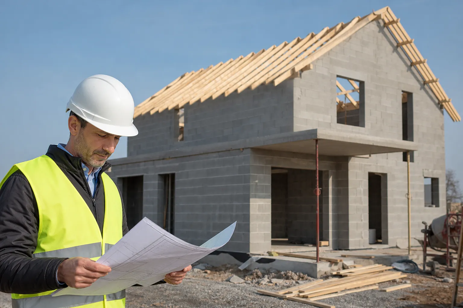 Expert bâtiment sur un chantier de construction de maison CCMI dans l'Essonne