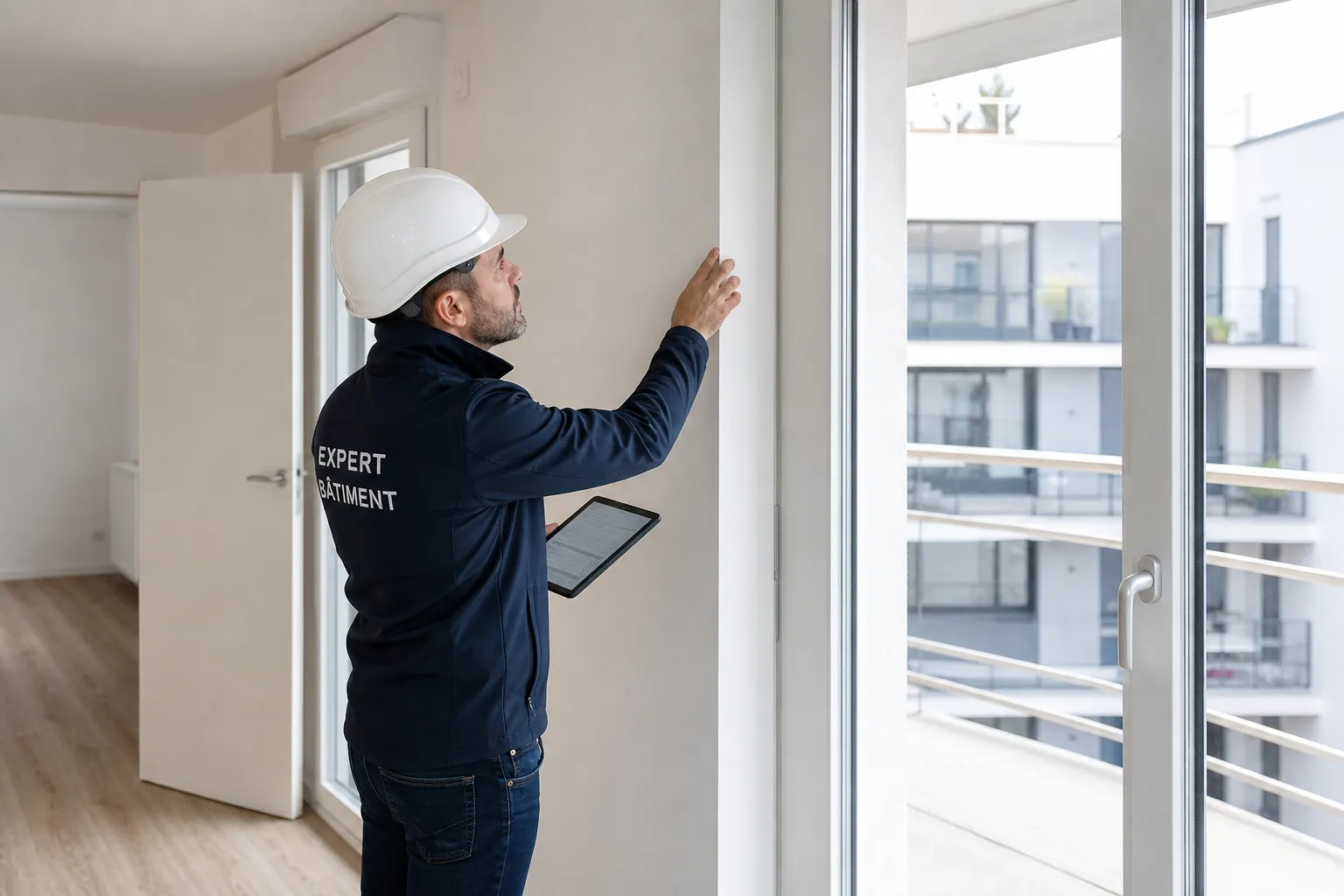 Expert bâtiment inspectant un appartement neuf VEFA dans l'Essonne