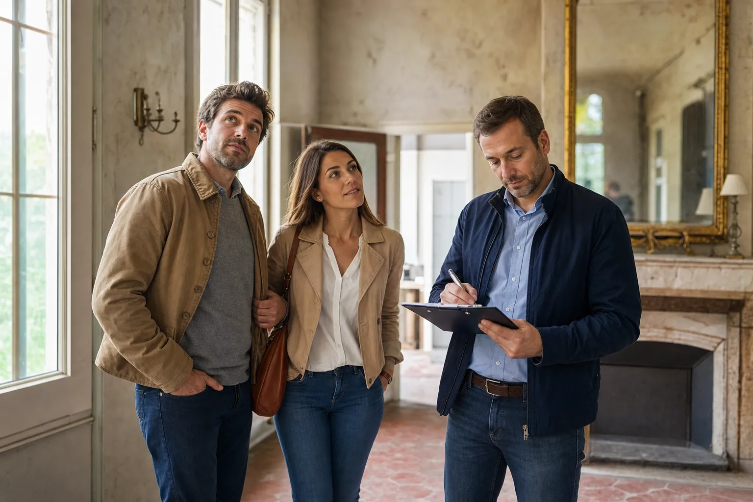 Expert accompagnant un couple lors d'une visite avant achat dans l'Essonne (91)