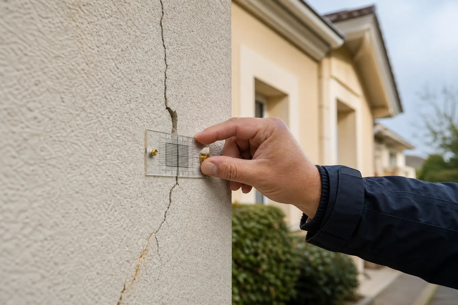 Expert mesurant une fissure sur la façade d'une maison dans l'Essonne (91)