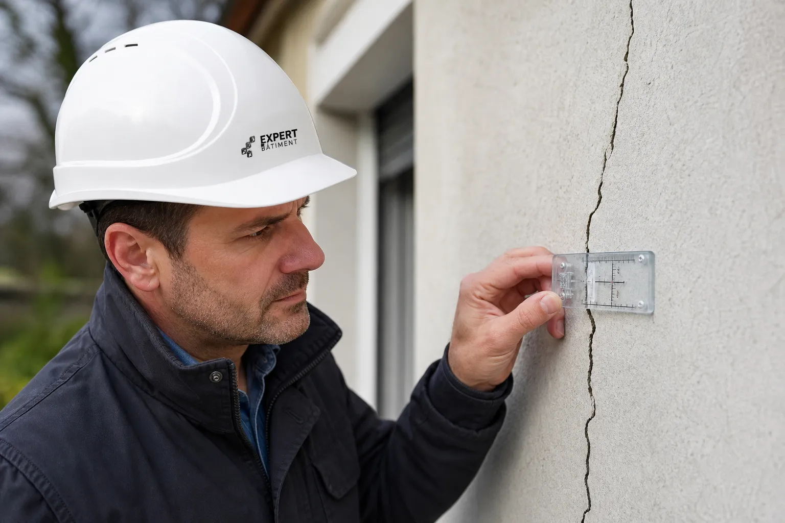 Expert bâtiment mesurant une fissure sur un mur dans l'Essonne