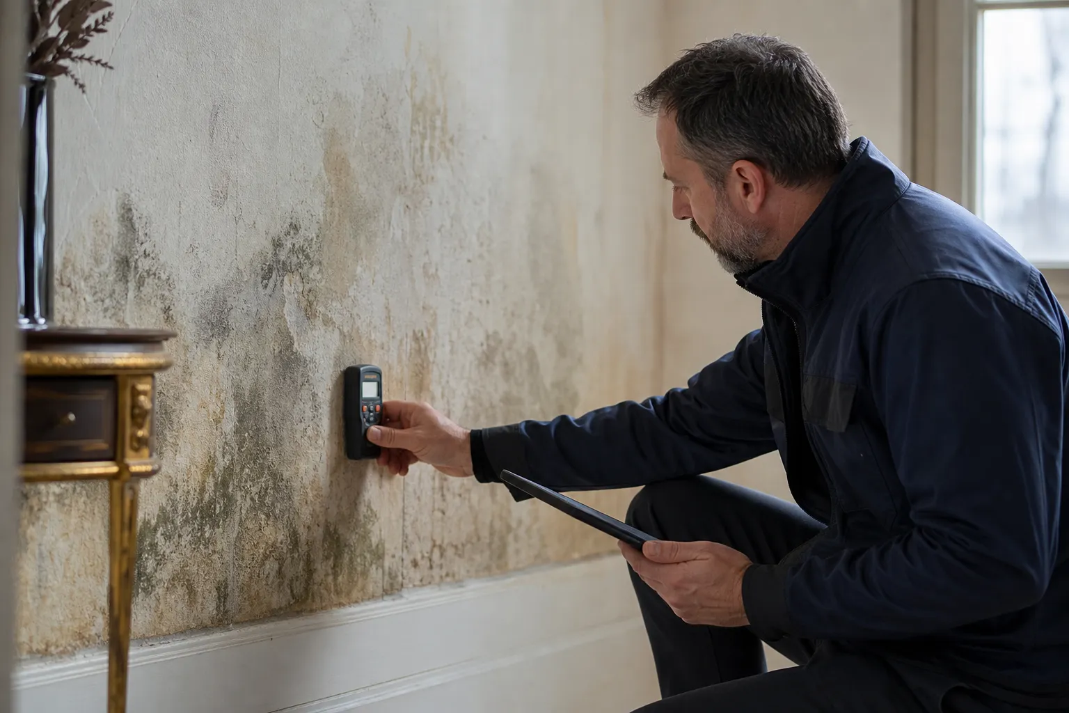 Expert mesurant l'humidité d'un mur dans une maison de l'Essonne (91)