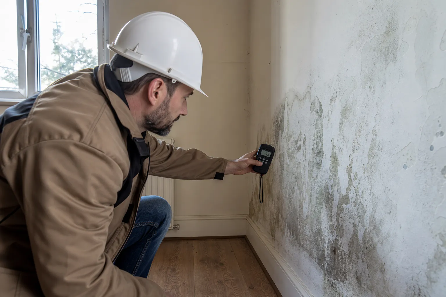 Expert bâtiment mesurant l'humidité d'un mur dans l'Essonne