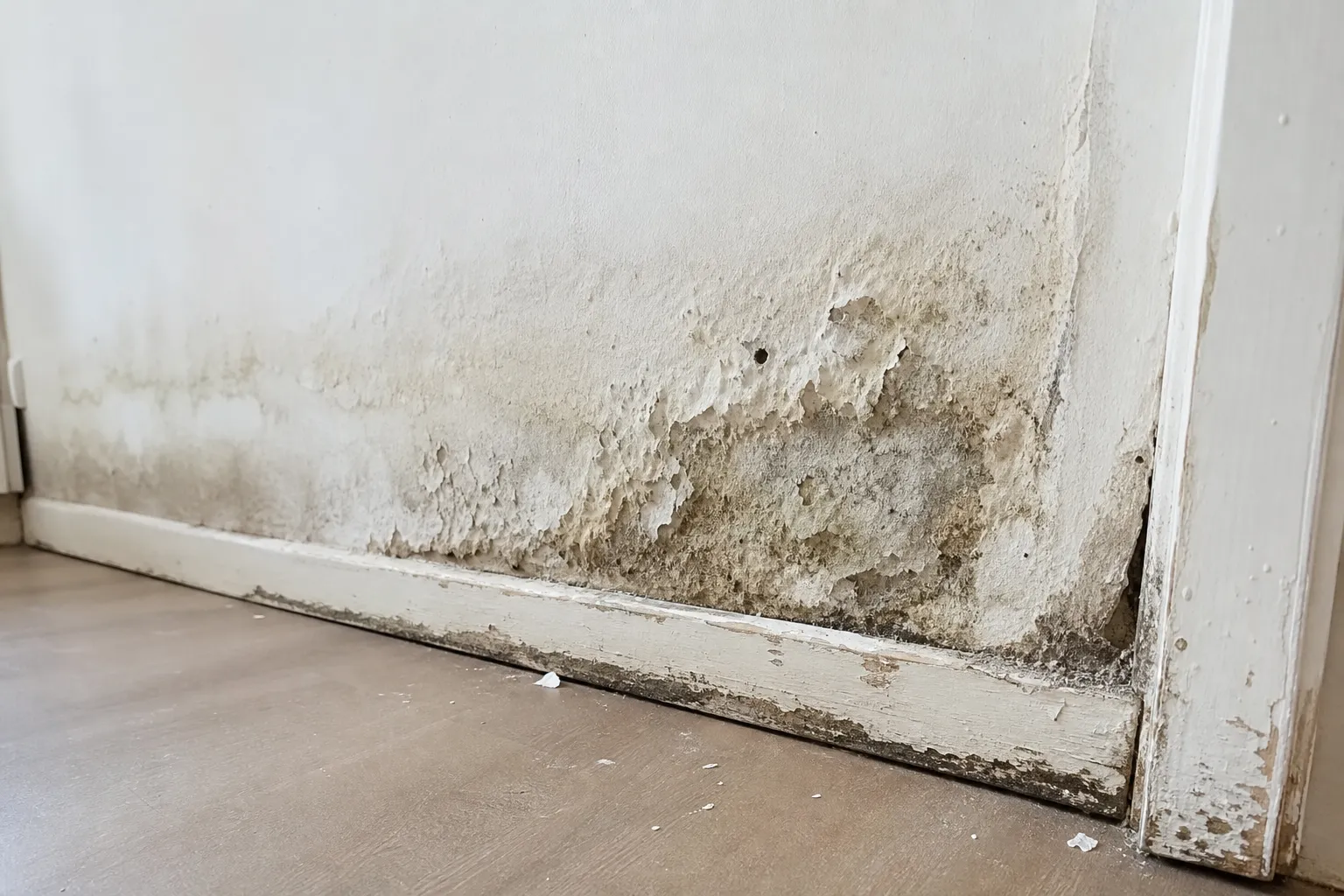 Recherche de traces d'humidité au bas d'un mur lors d'une expertise à Draveil