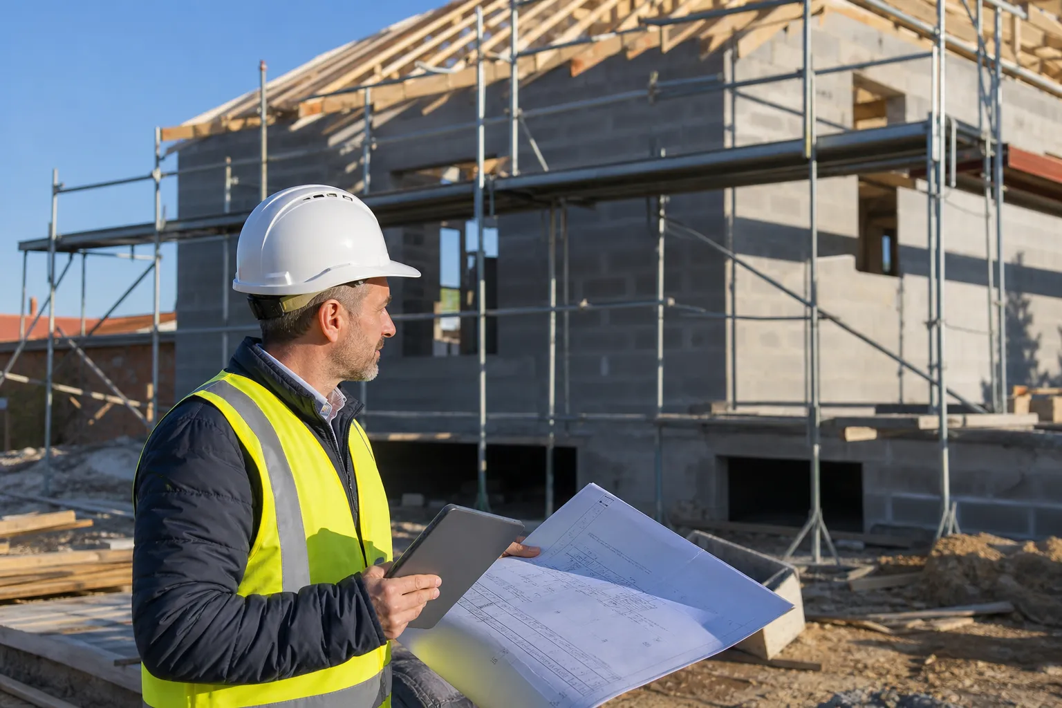 Expert en bâtiment indépendant inspectant un chantier de maison individuelle CCMI en Essonne