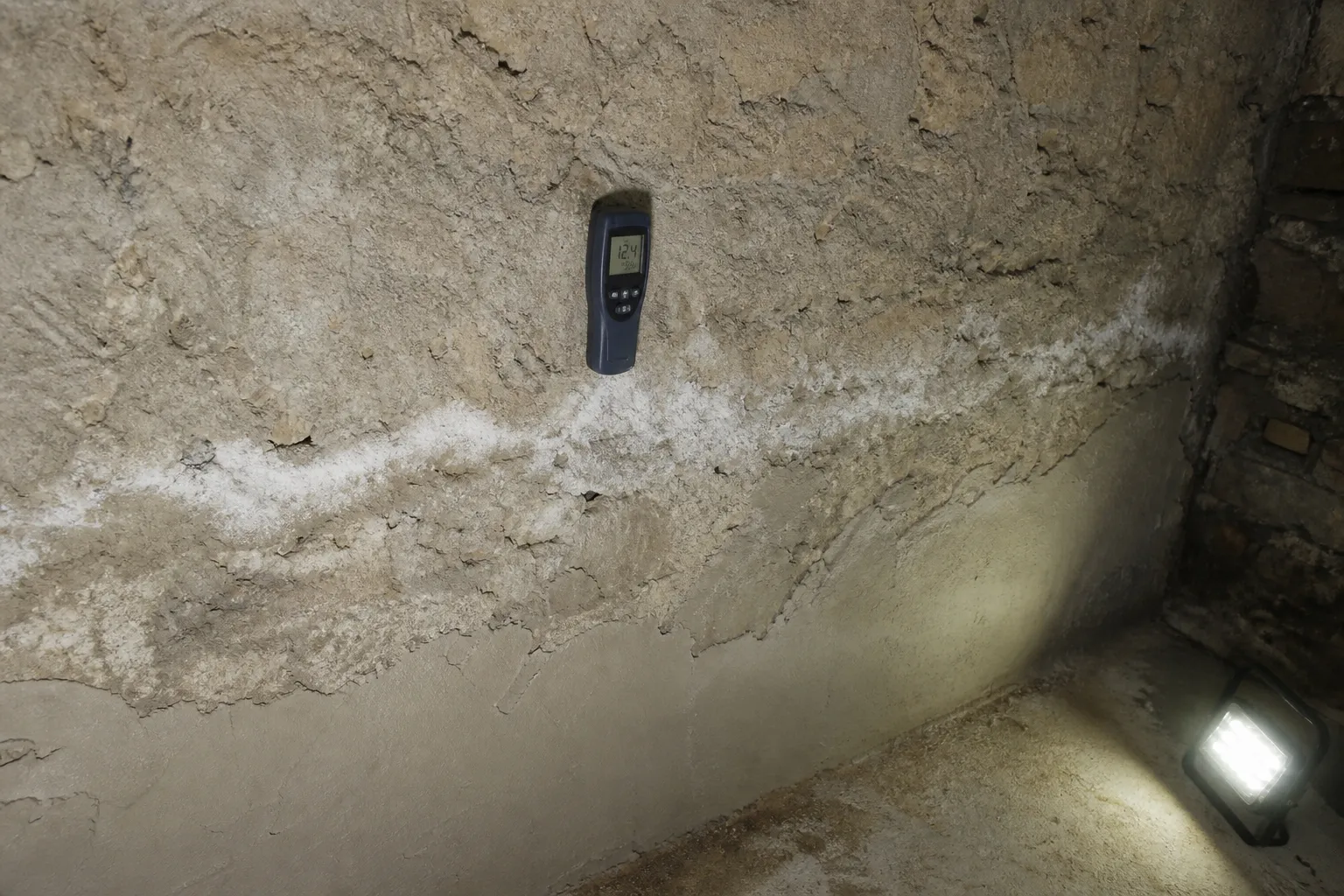 Mur de cave avec traces d’humidité contrôlé lors d’une expertise à Viry-Châtillon
