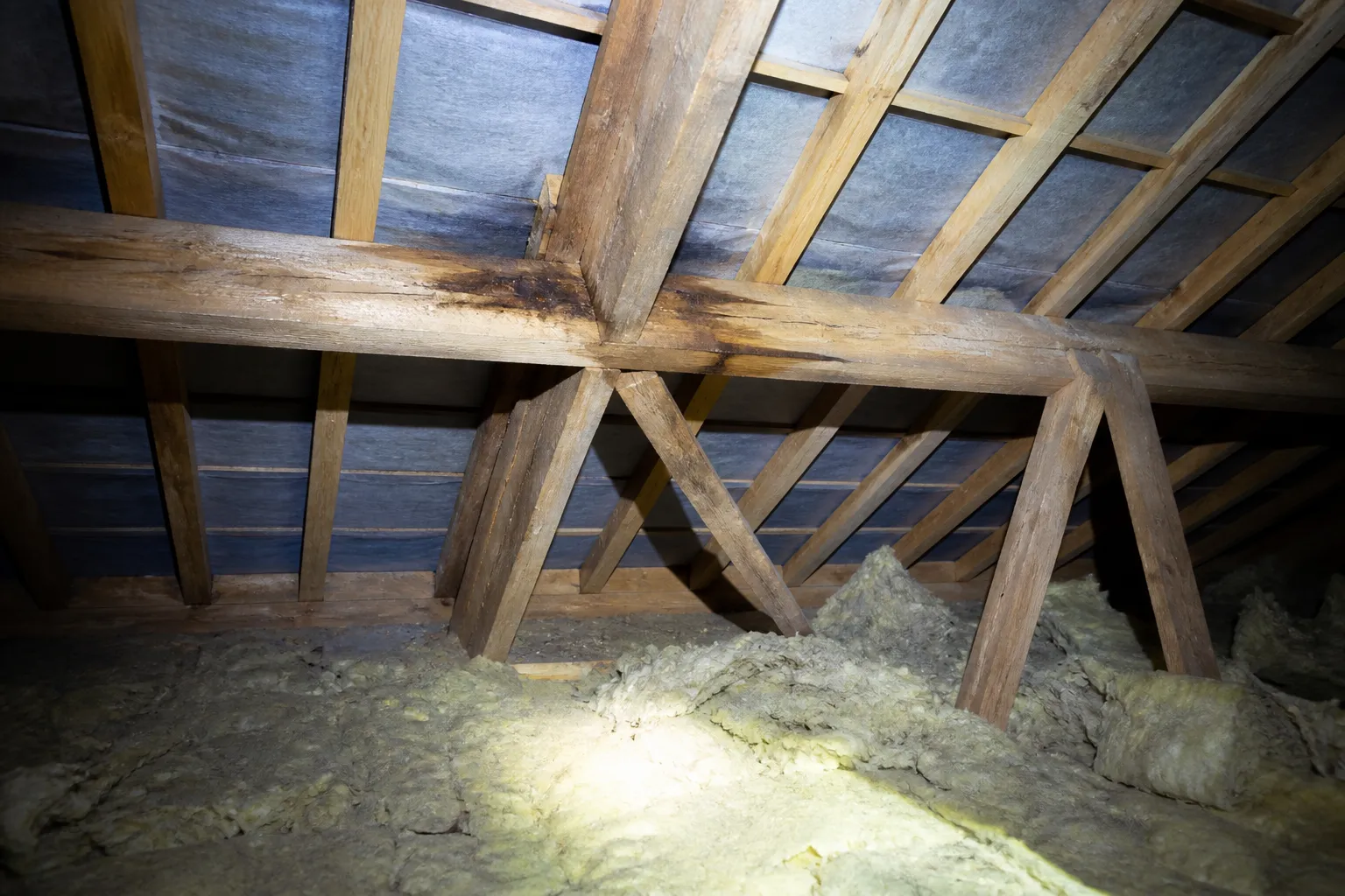 Charpente en bois et isolation inspectées dans les combles d’une maison à Sainte-Geneviève-des-Bois