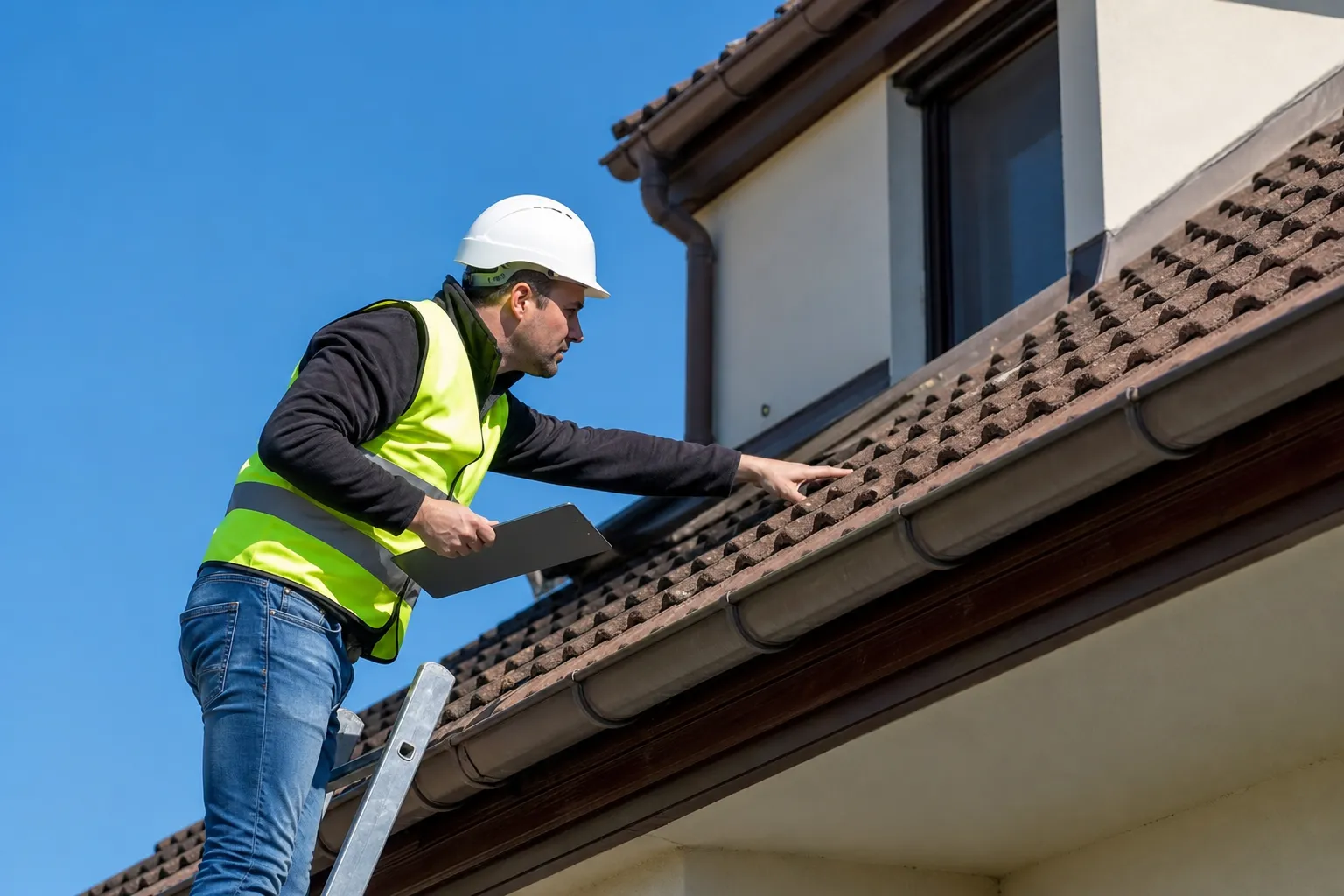 Expert contrôlant la toiture d’une maison lors d’une expertise avant achat à Mennecy
