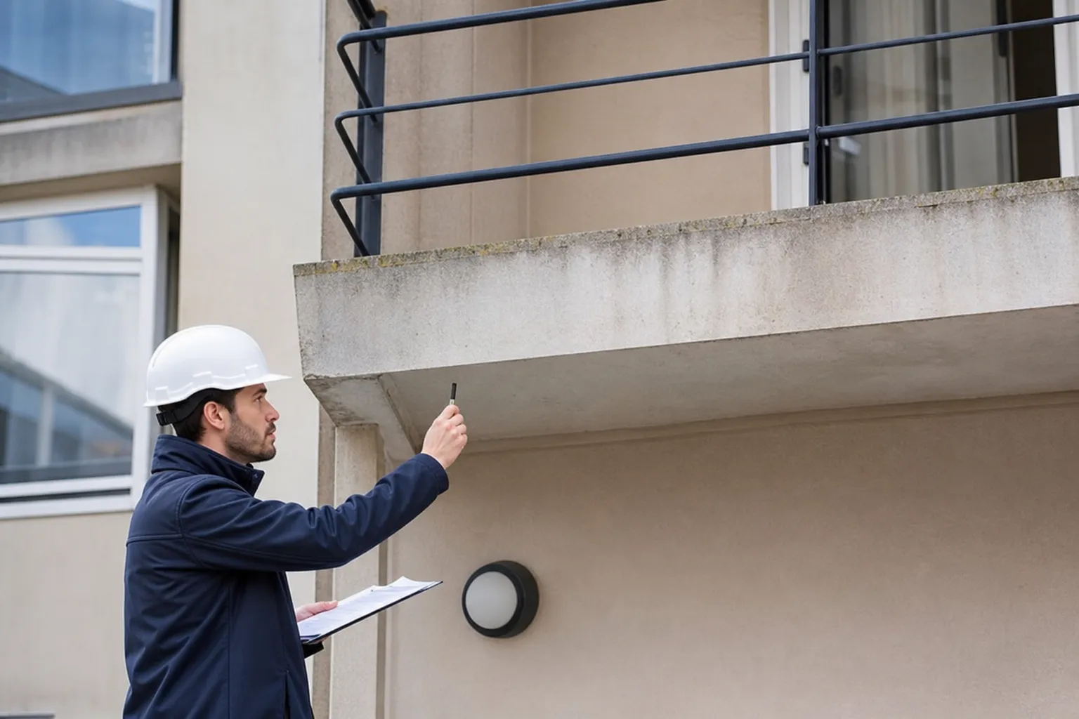 Expert contrôlant un balcon en béton lors d’une expertise avant achat à Ris-Orangis