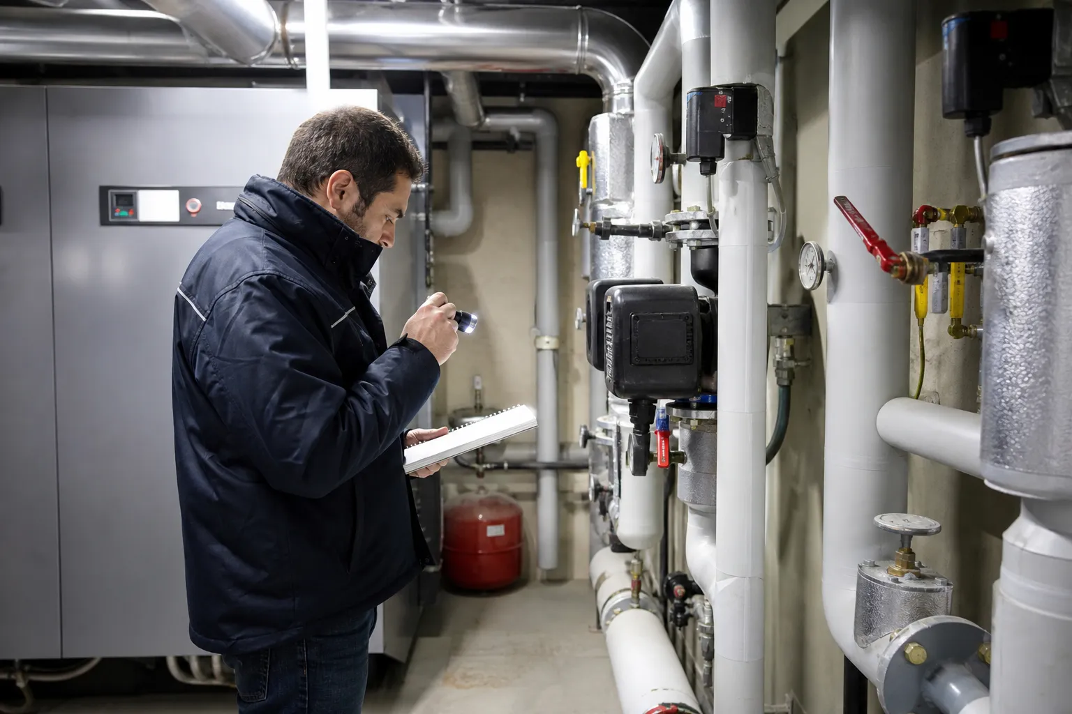 Expert contrôlant une chaufferie collective lors d’une expertise avant achat à Ris-Orangis