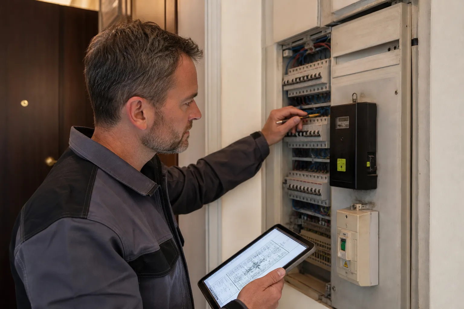 Expert vérifiant un tableau électrique lors d’une expertise avant achat à Longjumeau
