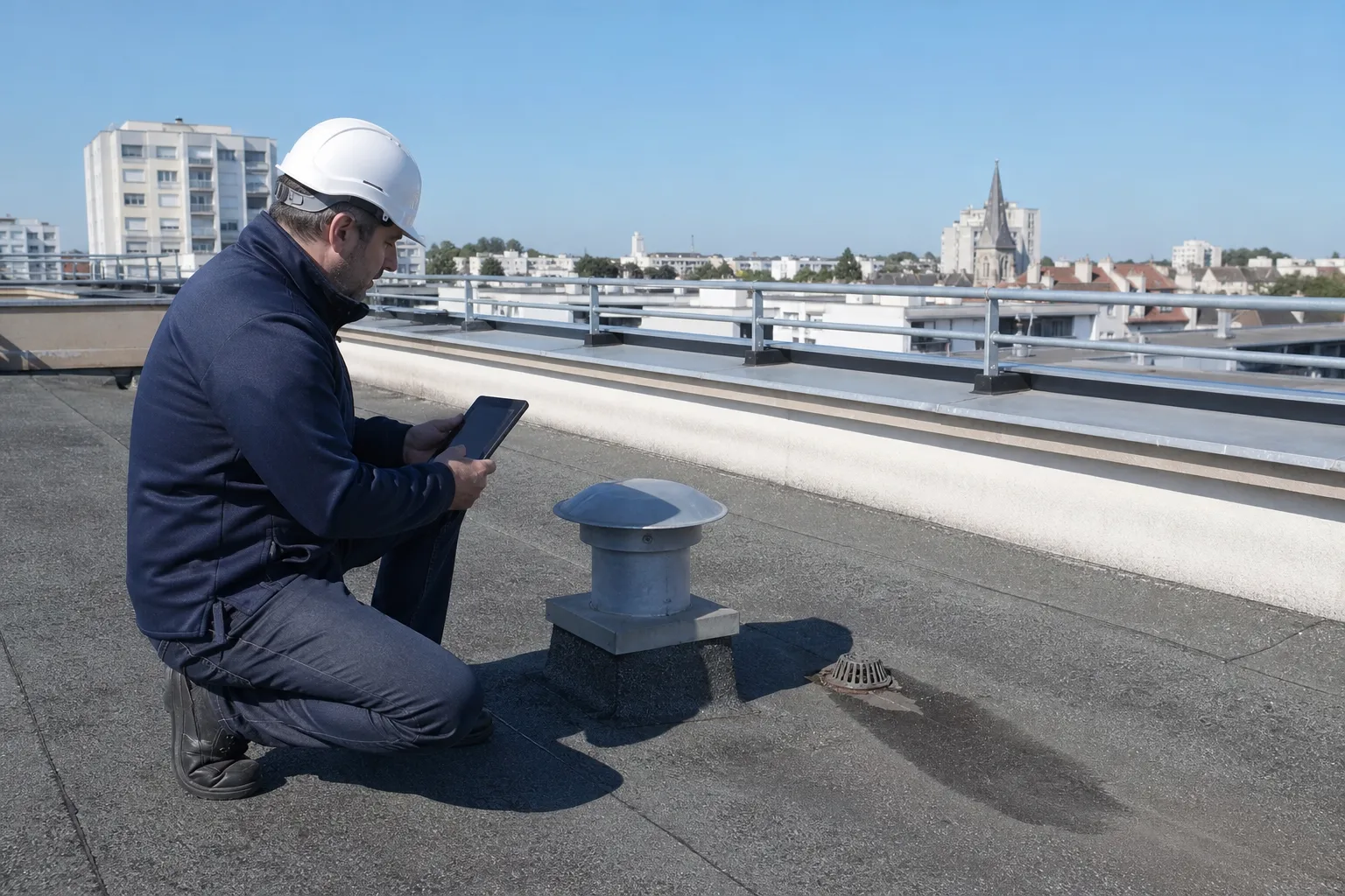 Expert contrôlant l’étanchéité d’une toiture-terrasse à Morangis