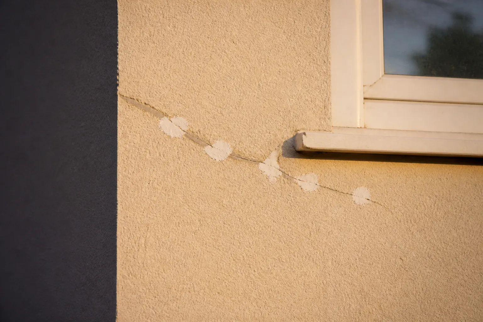 Fissure oblique avec témoin de plâtre observée sur une maison à Villebon-sur-Yvette