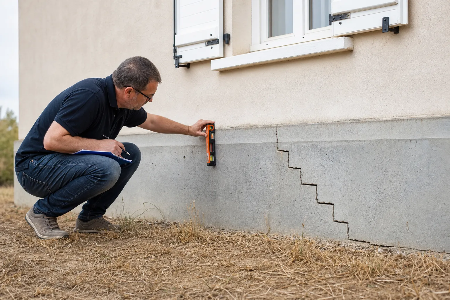 Expert analysant des fissures en escalier sur une maison à Mennecy