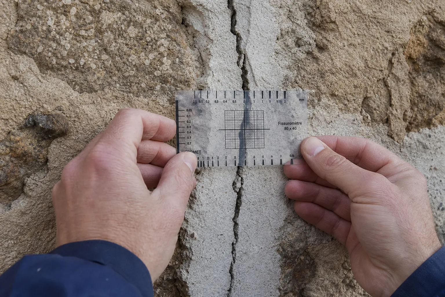 Expert mesurant une fissure sur un mur de maison à Juvisy-sur-Orge