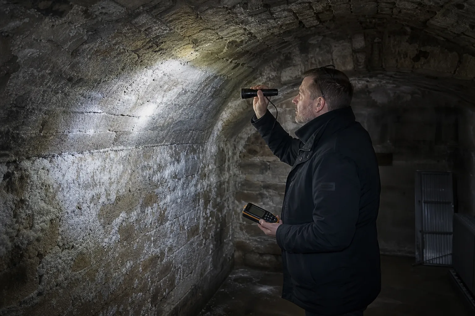 Expert inspectant l’humidité d’une cave lors d’une expertise avant achat à Montgeron