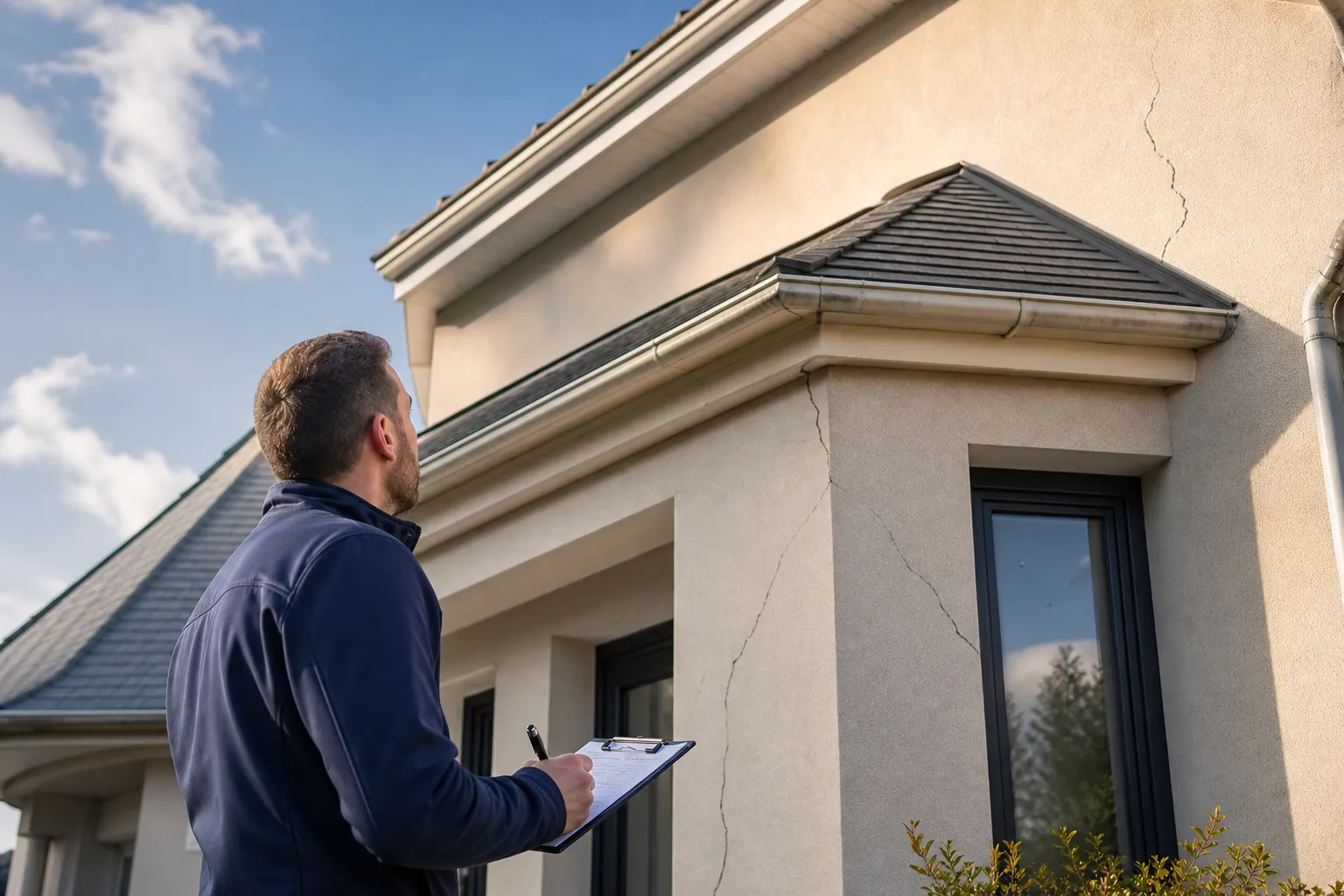Expert en bâtiment inspectant la structure et la façade d'une maison lors d'une expertise avant achat à Bondoufle