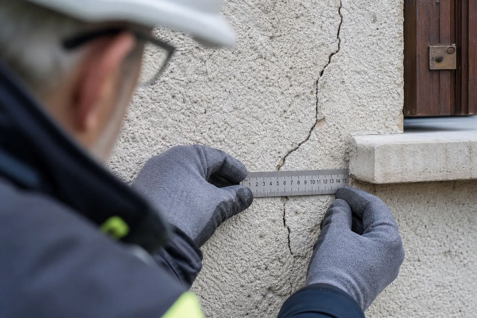Expert mesurant une fissure sur un mur lors d une expertise a Igny