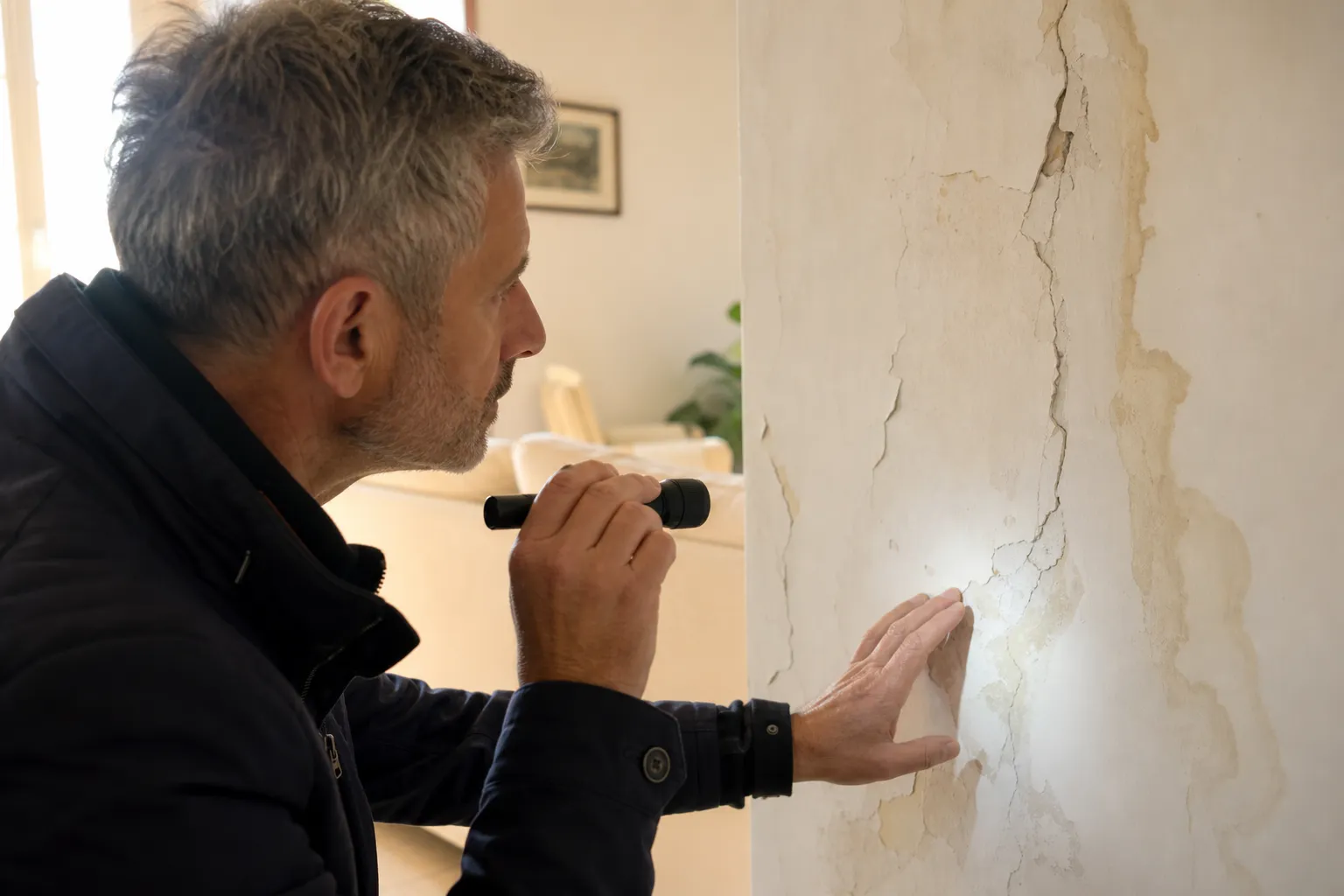 Expert en bâtiment recherchant des traces d'humidité et des fissures lors d'une expertise avant achat à Bondoufle