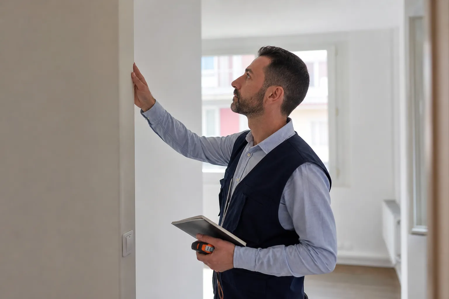 Expert en bâtiment vérifiant murs et finitions lors d'une expertise avant achat à Arpajon