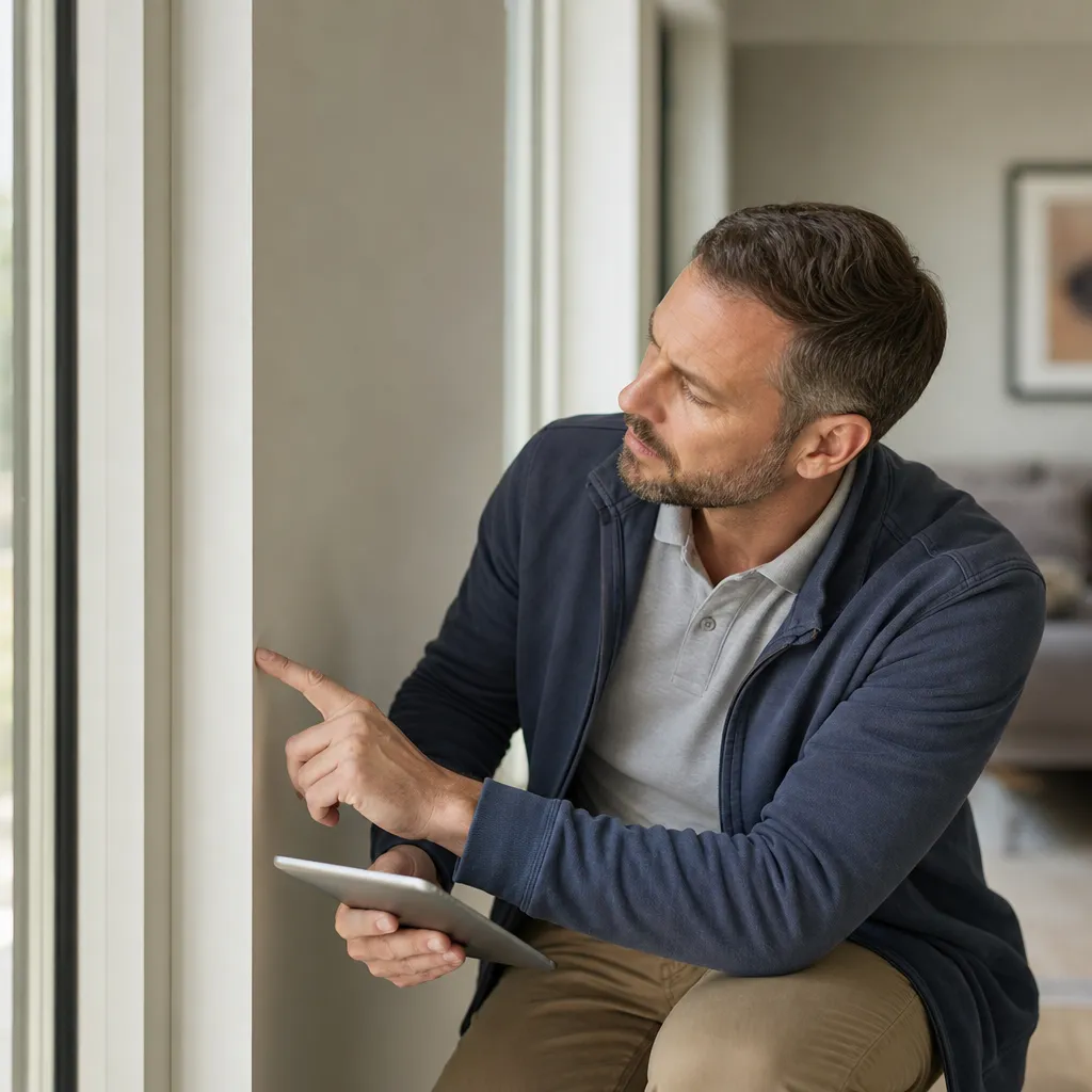 Expert en bâtiment vérifiant murs et finitions lors d'une expertise avant achat à Massy