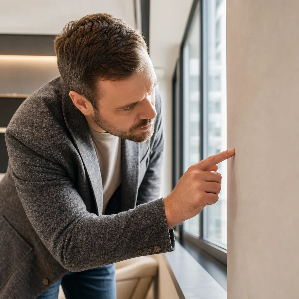 Expert en bâtiment vérifiant murs et finitions lors d’une expertise avant achat à Palaiseau